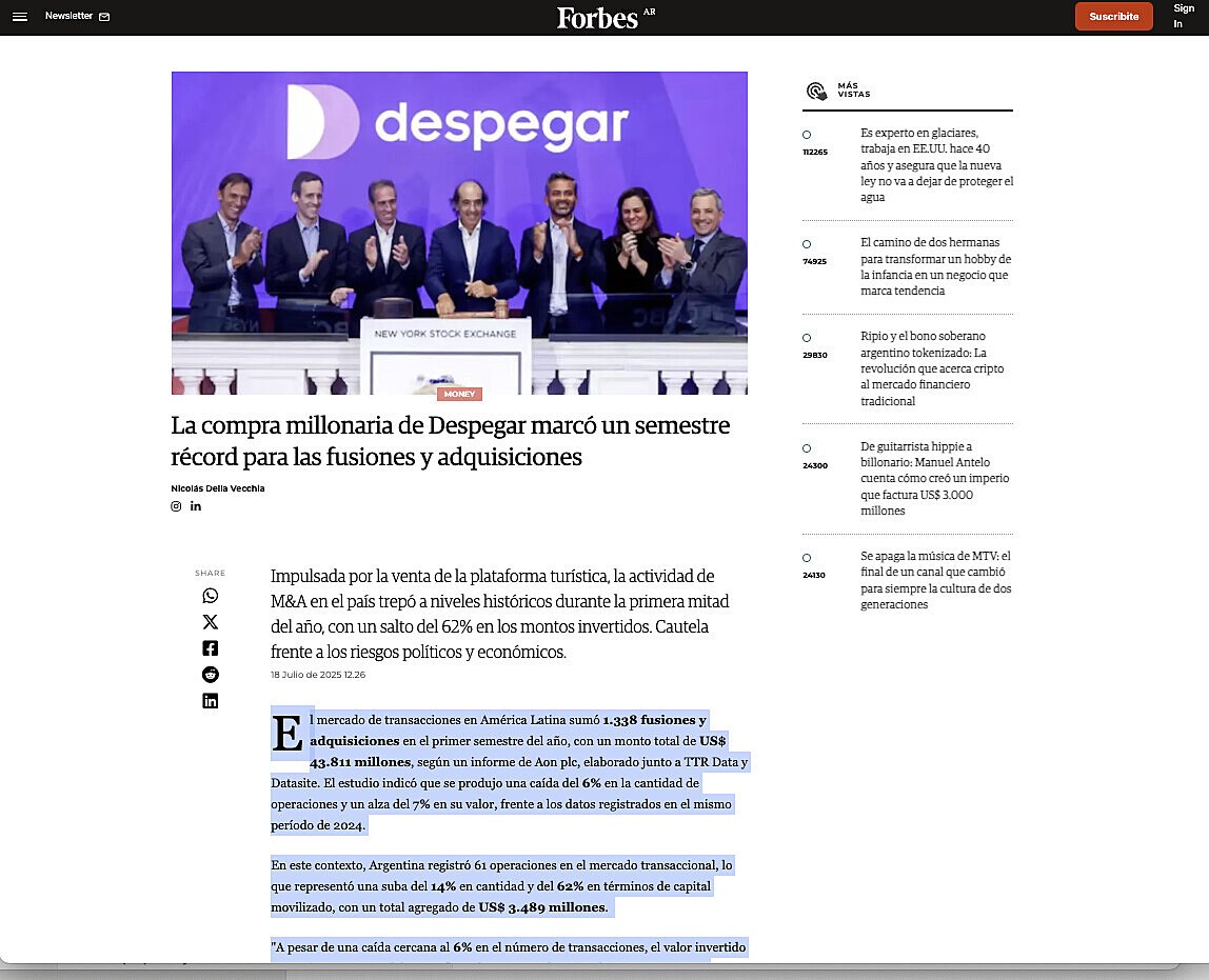 La compra millonaria de Despegar marc� un semestre r�cord para las fusiones y adquisiciones